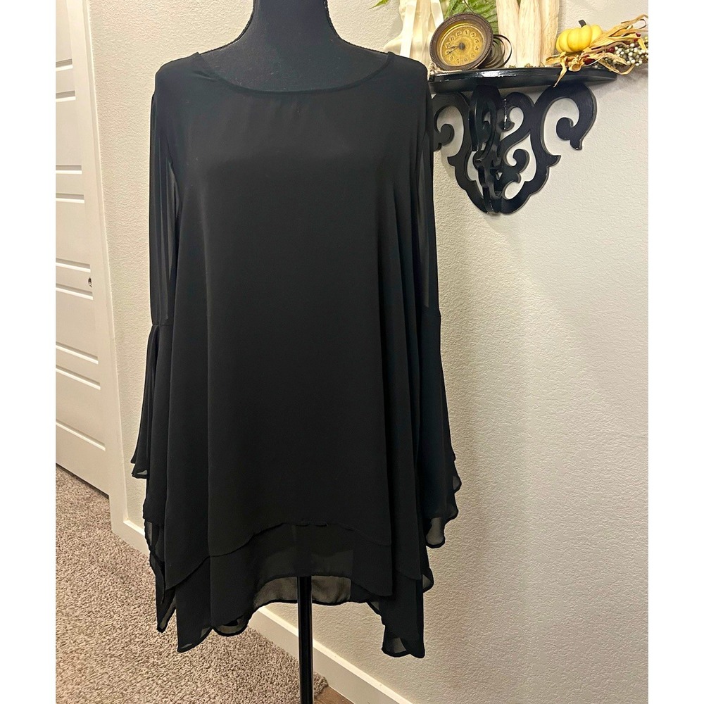 Symple NYC Black Sheer Chiffon Tie Back Waterfall Bell Long Sleeve Blouse Sz 2X